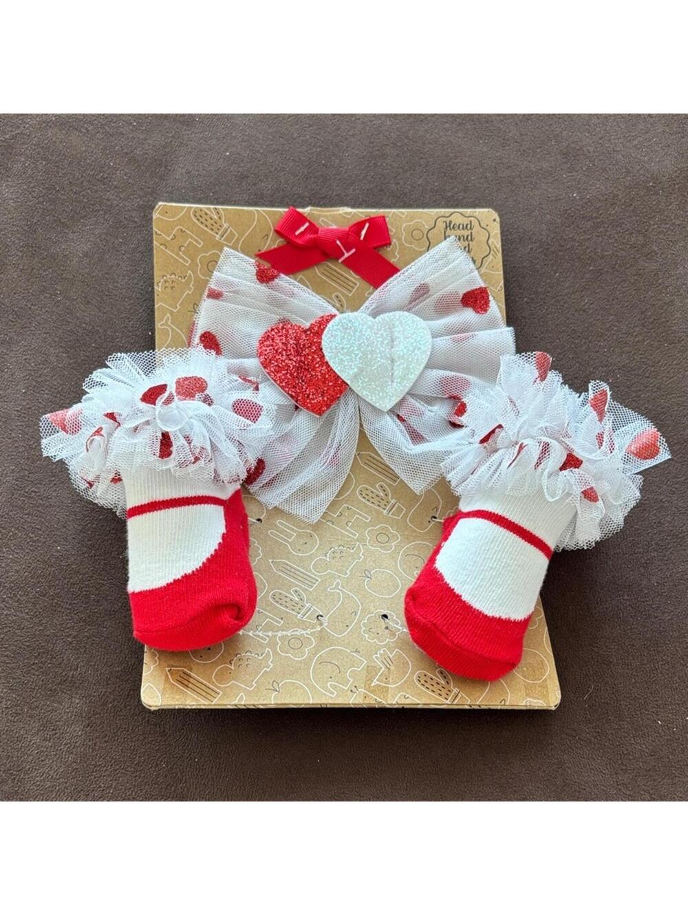 Baby Essentials 0/6 mths Red and White Heart Socks and Headband Set Valentines